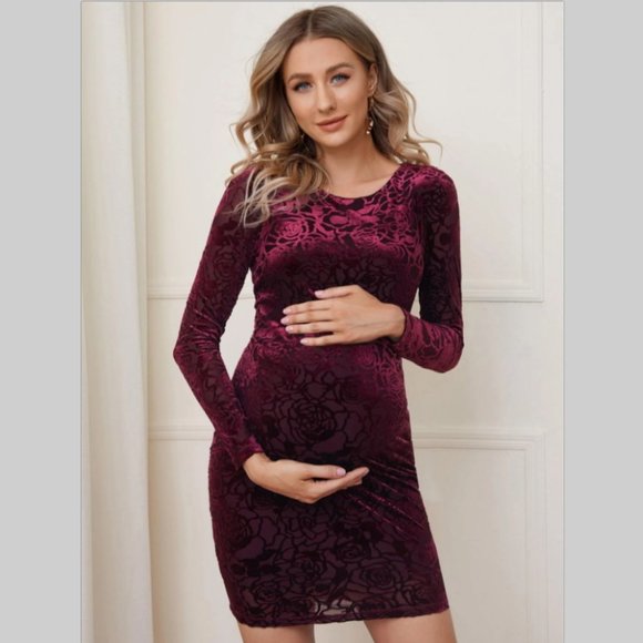 SHEIN Dresses & Skirts - NWT Maternity dress dinner party outfit velvet burgundy long sleeve above knee